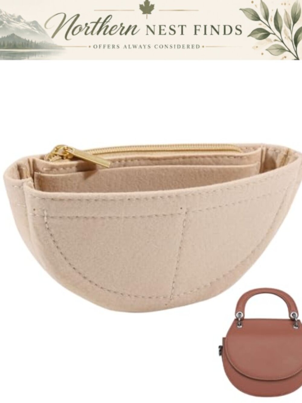 Half Round Felt Purse Organizer Insert Zippered Handbag Storage